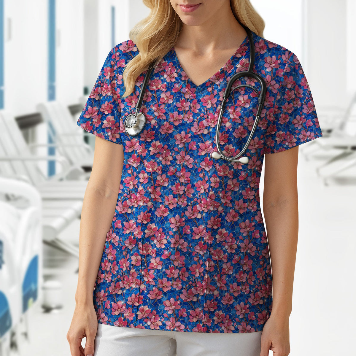 Pink Cherry Blossom Floral Nurse Scrub Top