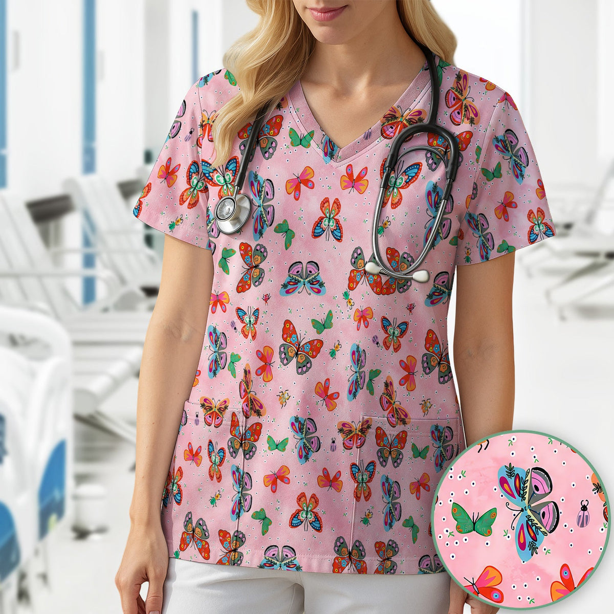 Colorful Butterfly Garden Nurse Scrub Top