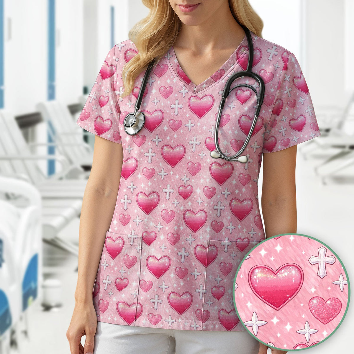 Pink Heart & Cross Pattern Scrub Set, Scrub Pants and V Neck Top