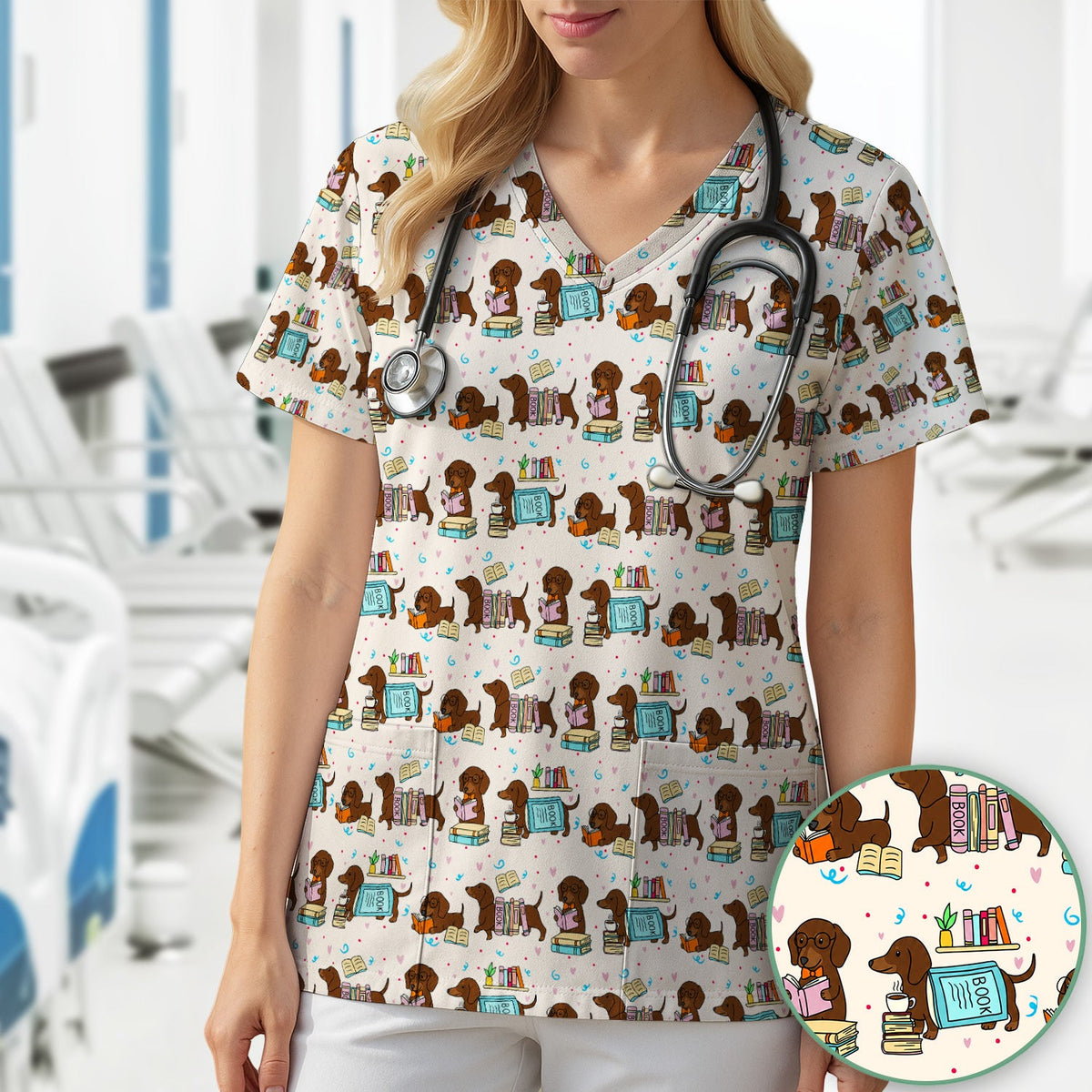 Cute Bookish Dachshund Reading Scrub Top, Comfortable Scrubs for Nurses