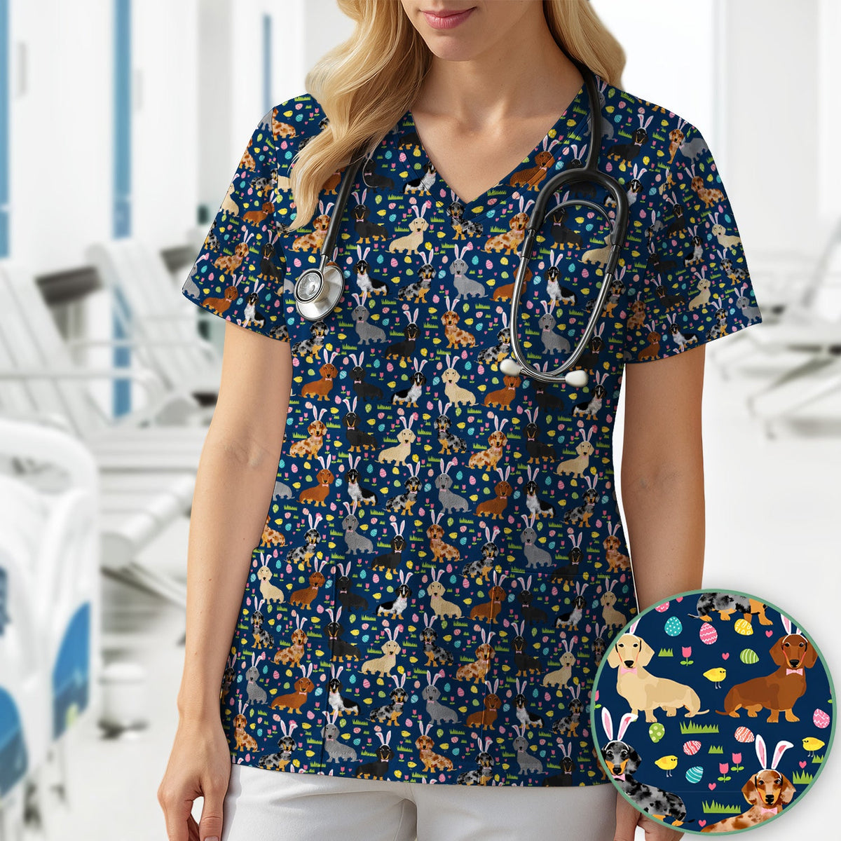 Dachshund Dog Nurse Scrub Top - Easter Gift