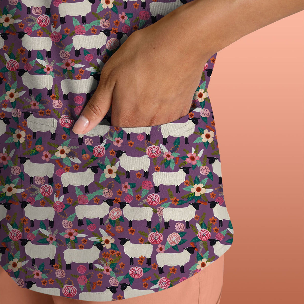 Sheep Floral Meadow Nurse Scrub Top