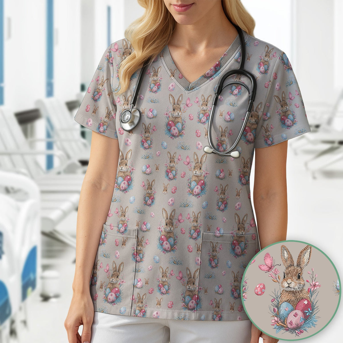 Pastel Easter Bunny Nest Pattern Scrub Top, Comfortable Scrubs for Nurses