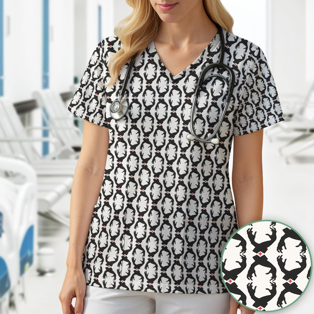 Creepy Hands Black White Red Nurse Scrub Top