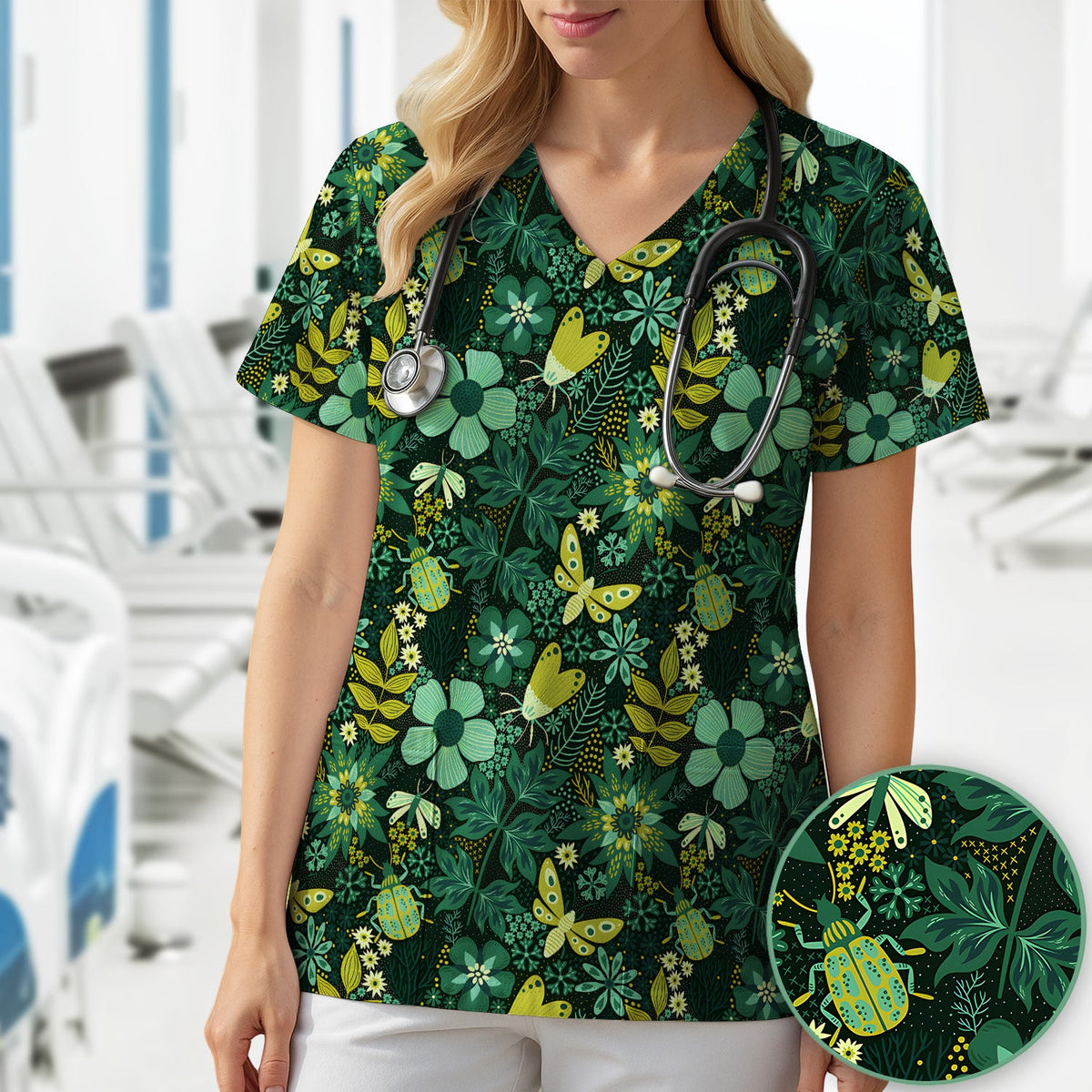 Green Botanical Butterfly Nurse Scrub Top