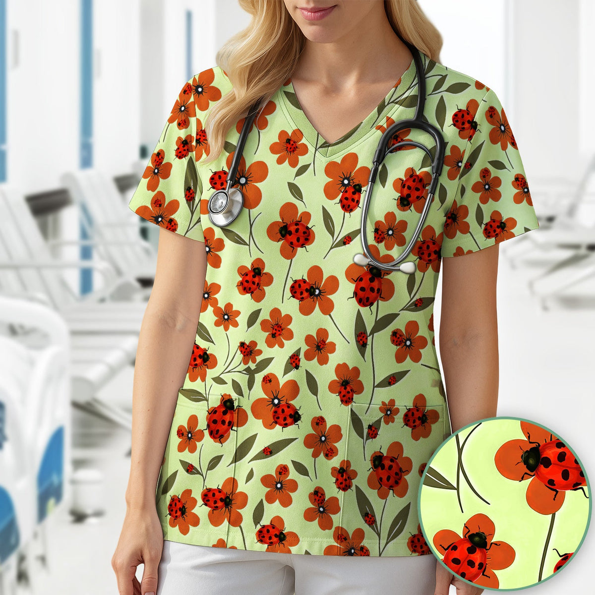 Ladybug Orange Floral Garden Nurse Scrub Top
