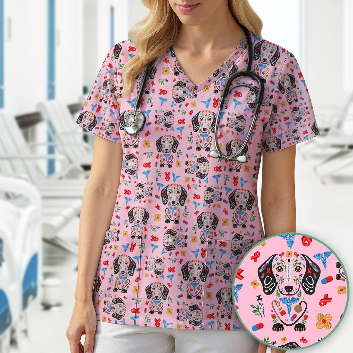 Dachshund Medical Icon Nurse Scrub Top