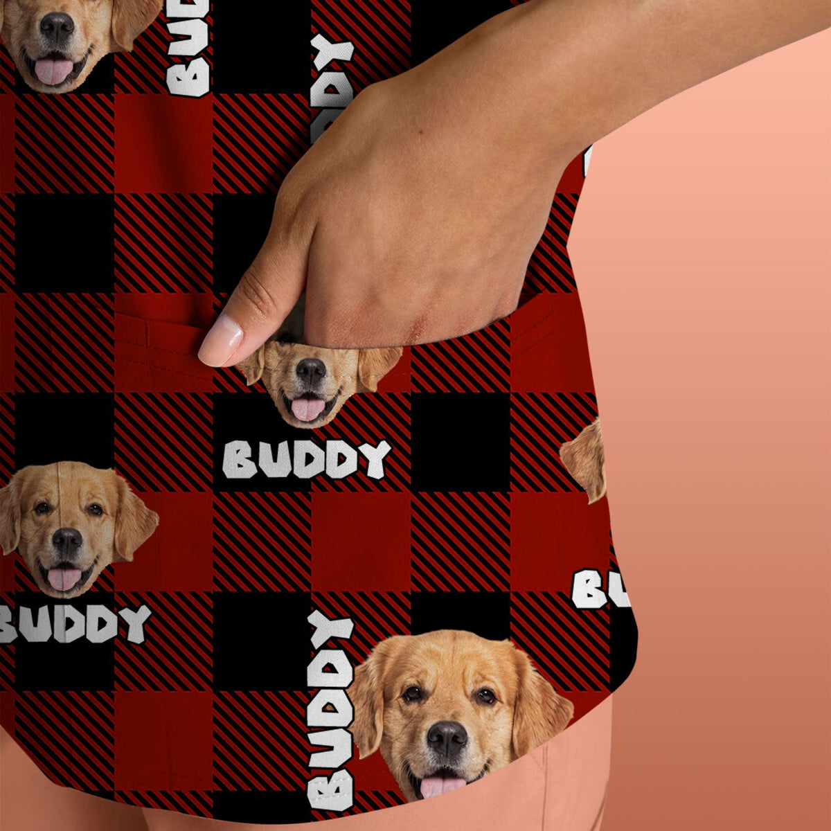 Custom Dog Face Scrub Top, Personalized Pet Photo Checkered Pattern Shirt, Custom Name Vet Tech Gift For Nursing