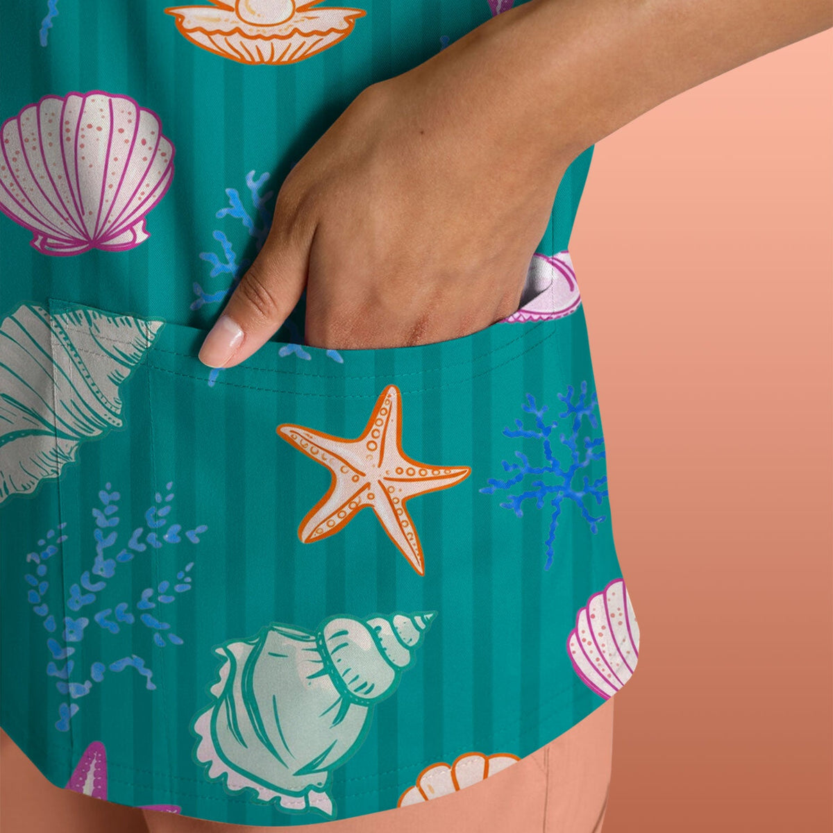 Colorful Seashell Starfish Ocean Stripe Nurse Scrub Top
