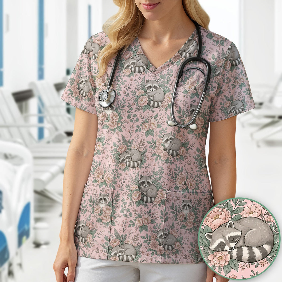 Sleeping Raccoon Rose Garden Nurse Scrub Top