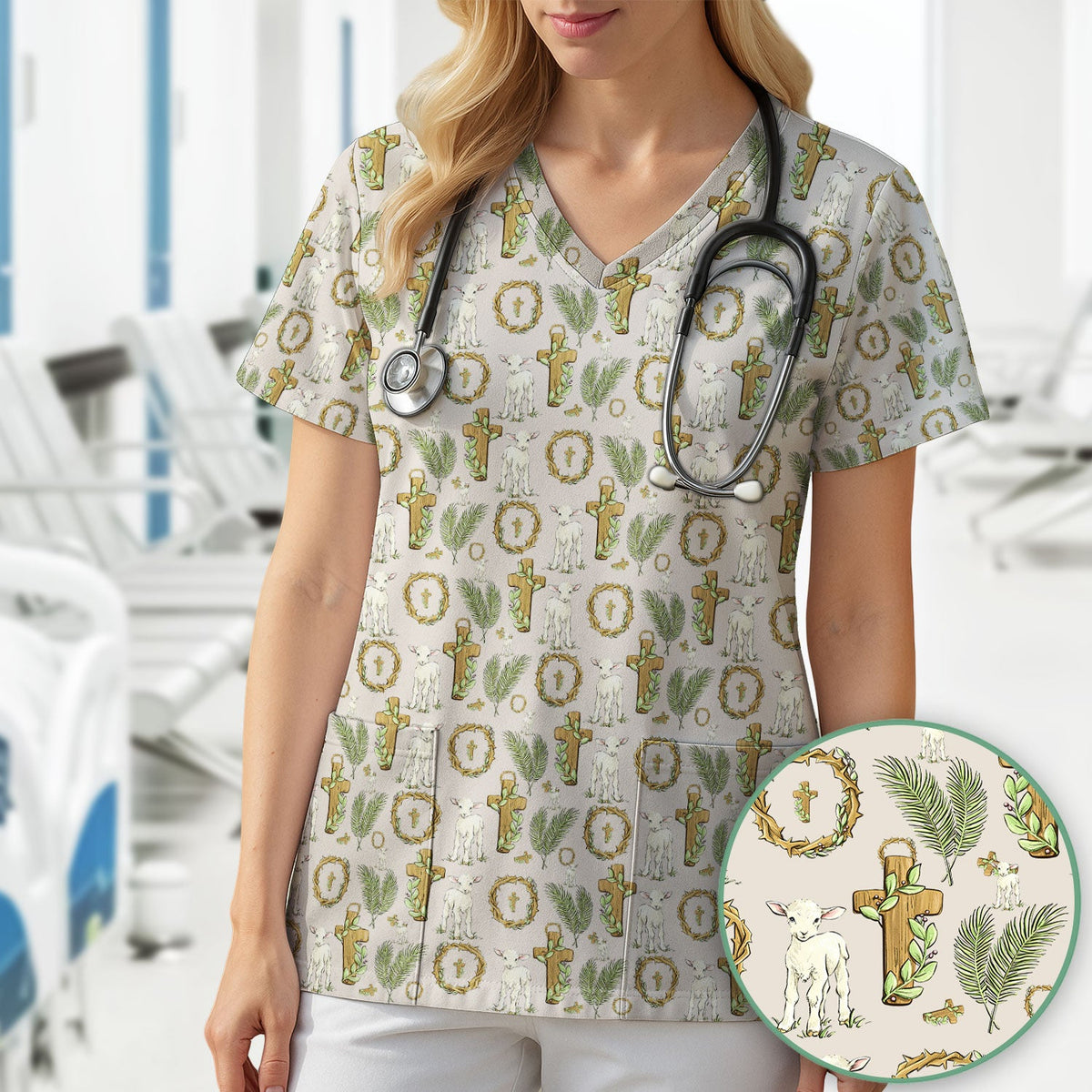 Faith Lamb Cross Nurse Scrub Top