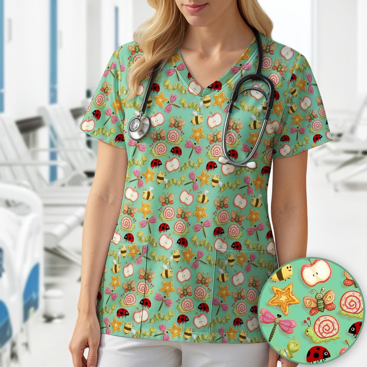 Snail Ladybug Caterpillar Apple Garden Nurse Scrub Top