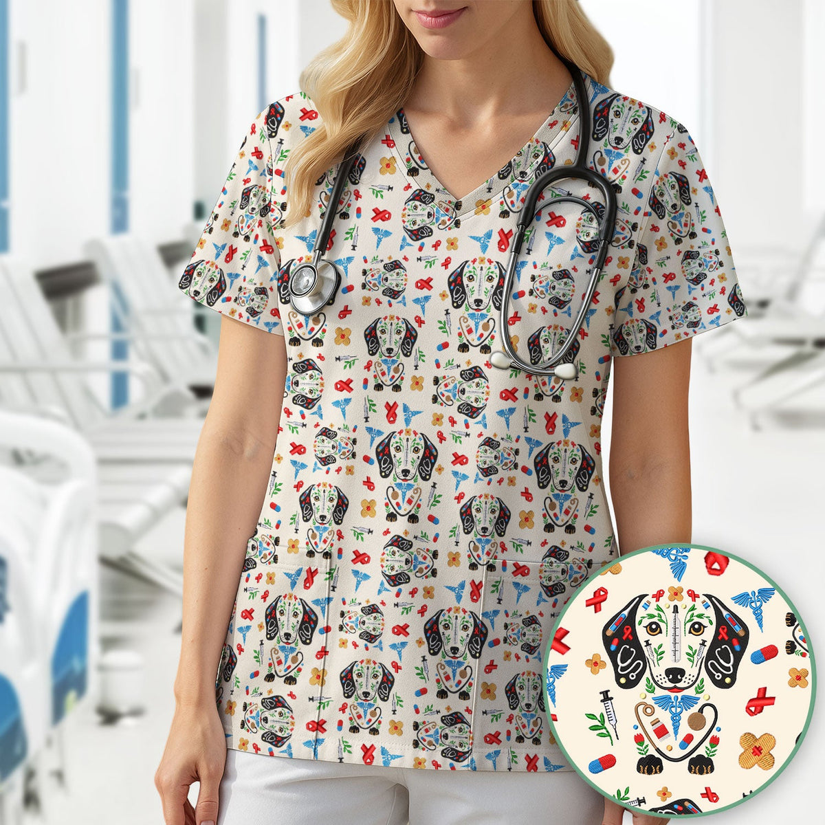 Dachshund Medical Icon Nurse Scrub Top