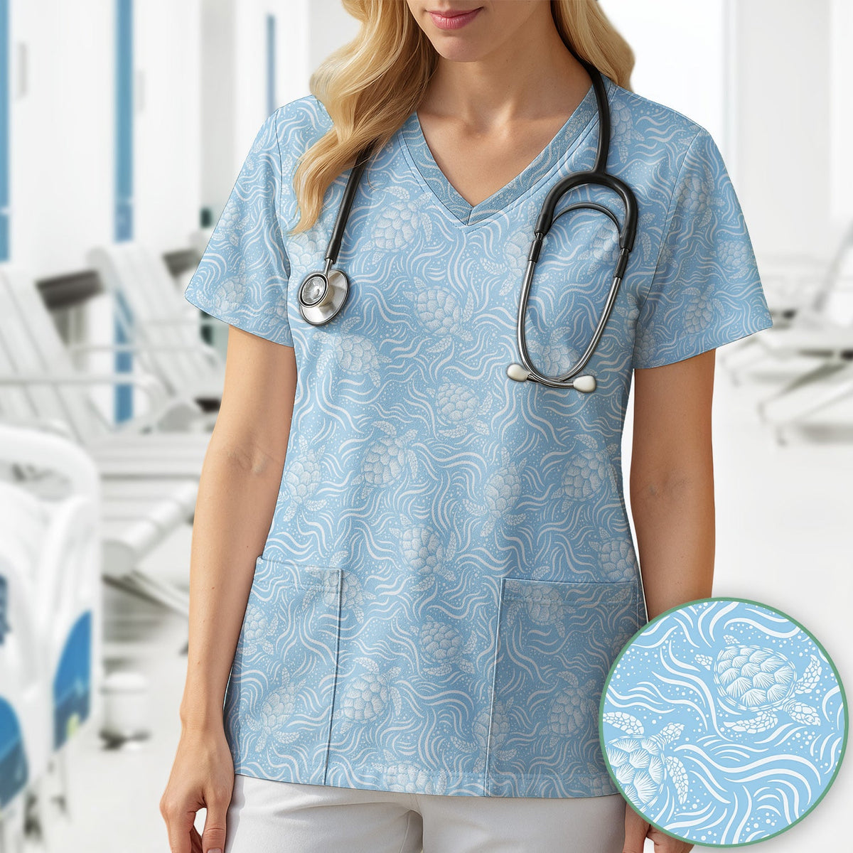 Ocean Sea Turtle Waves Nurse Scrub Top