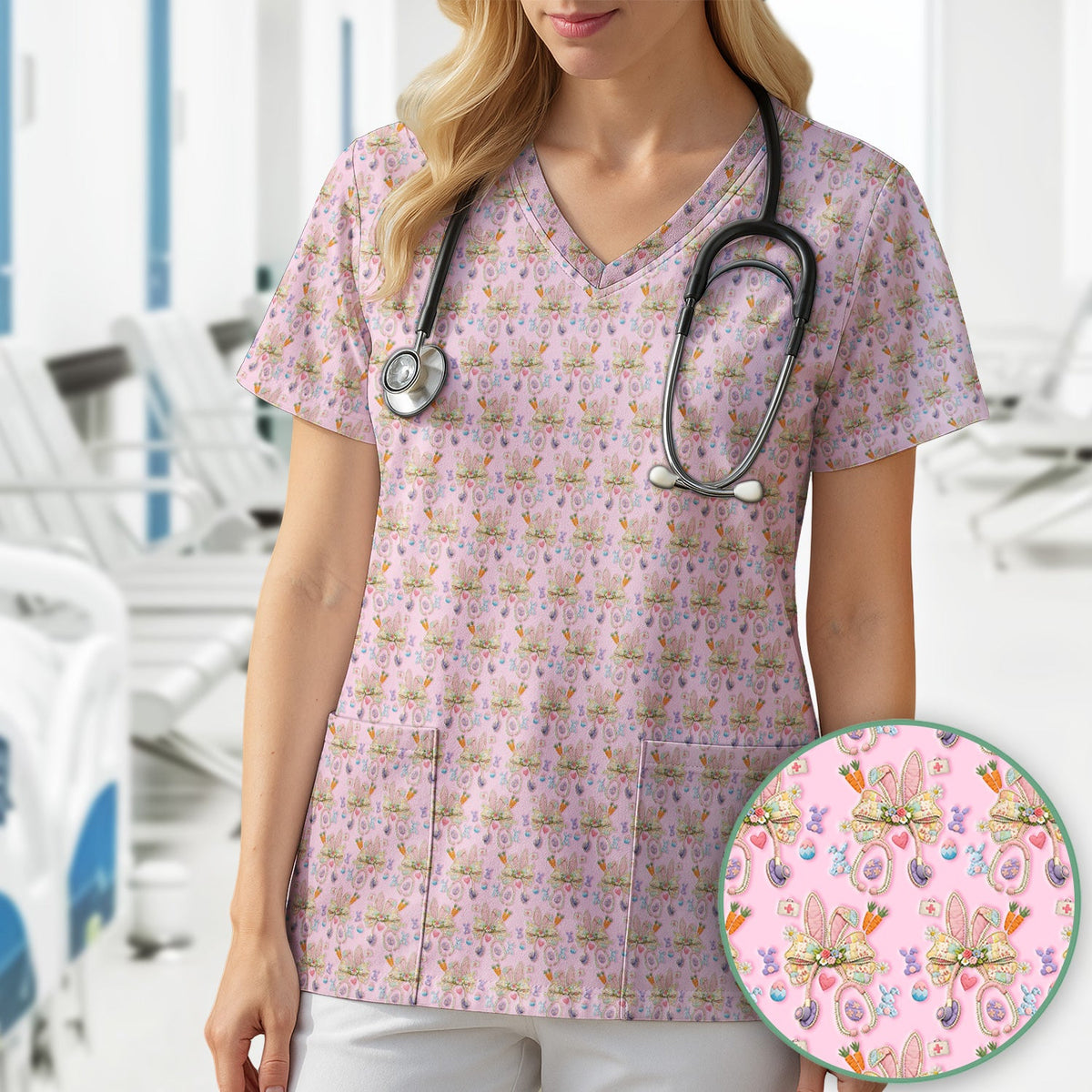 Bunny Stethoscope Nurse Scrub Top - Easter Gift