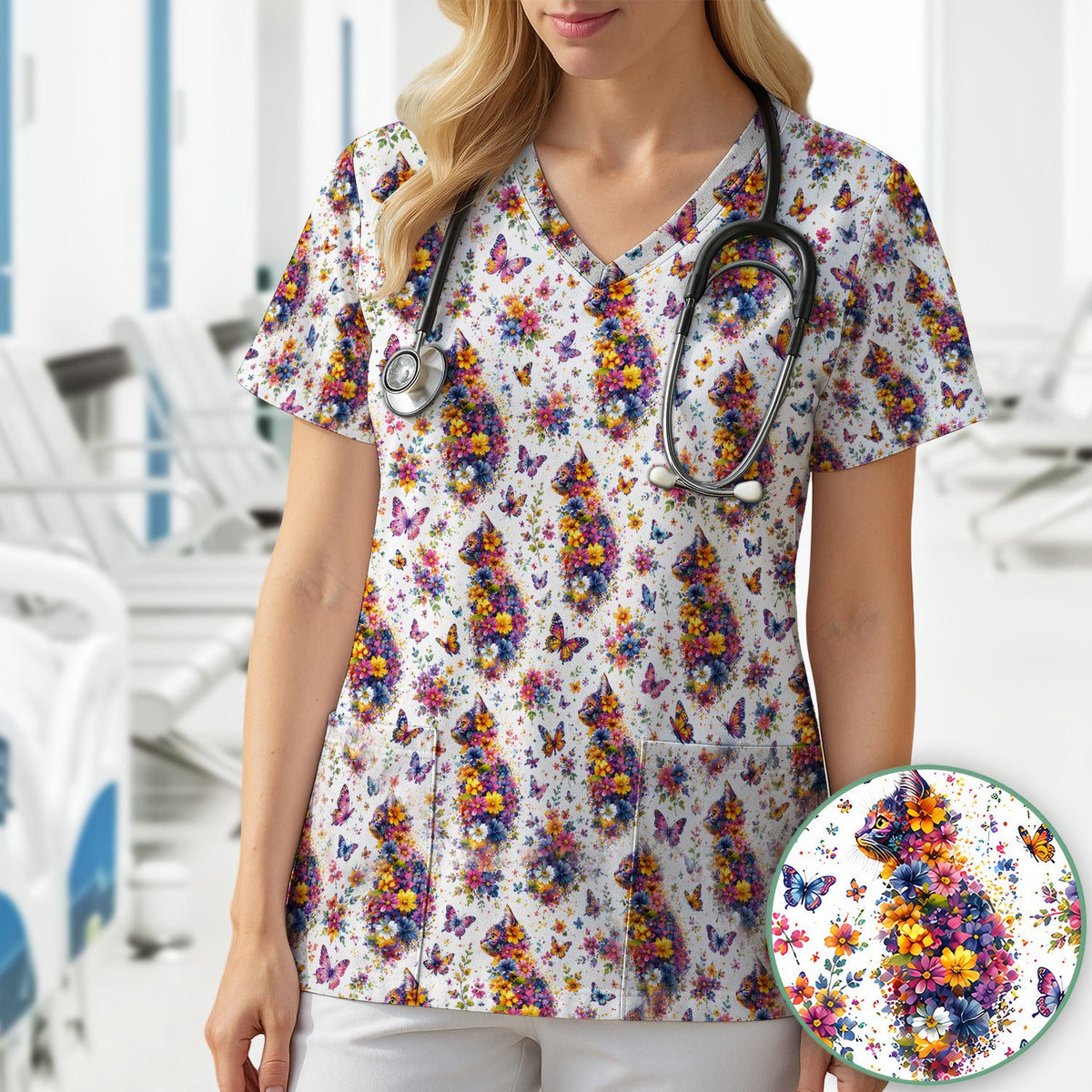 Floral Cat Butterfly Nurse Scrub Top