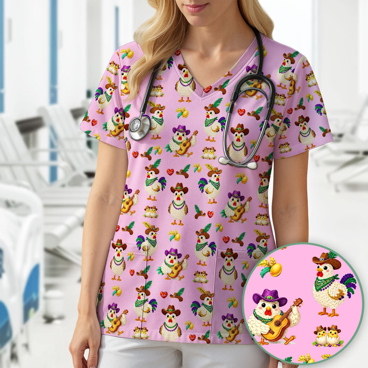 Mardi Gras Rooster Cowboy Nurse Scrub Top