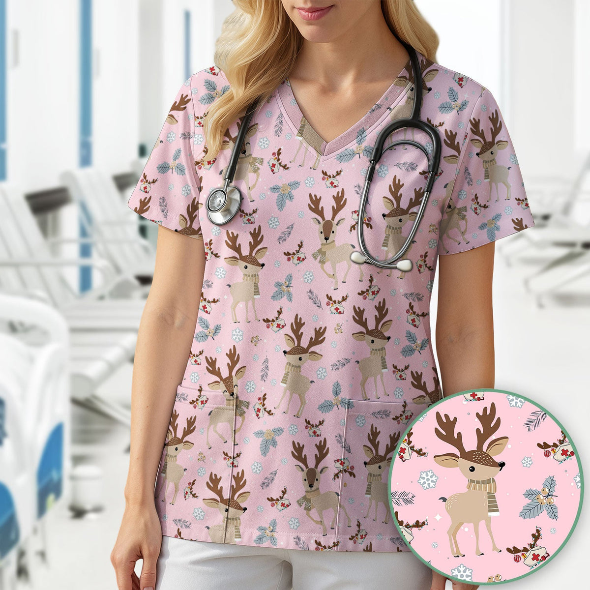 Reindeer Christmas Scrub Top - Cozy Beige Holiday Nurse Shirt with Cute Deer Pattern - Festive Medical Scrubs for Women RN CNA LPN