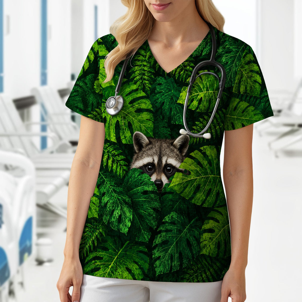 Raccoon Tropical Leaf Nurse Scrub Top