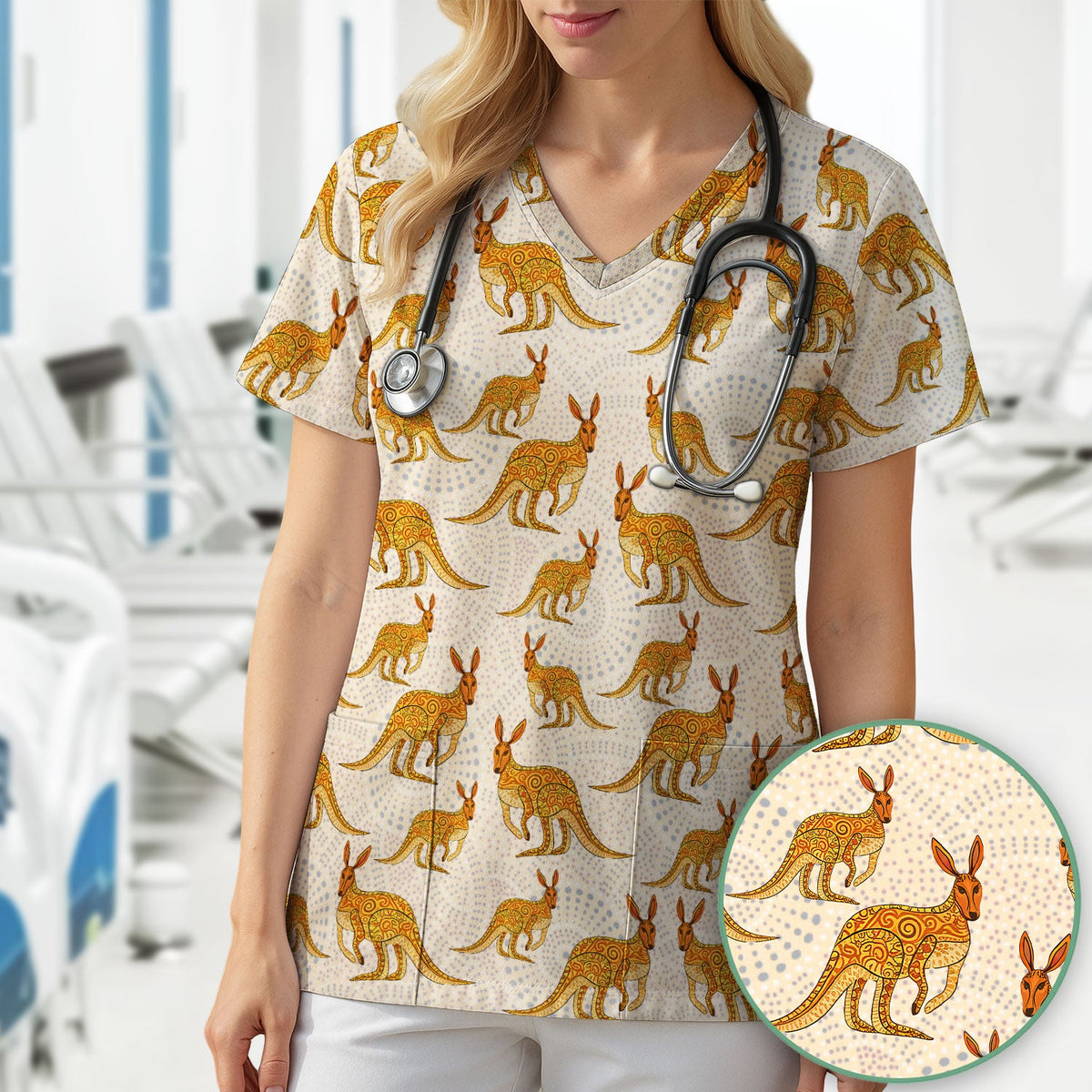 Australian Kangaroo Dot Art Nurse Scrub Top