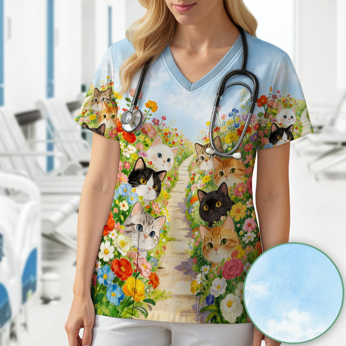 Garden Cats Flower Path Nurse Scrub Top