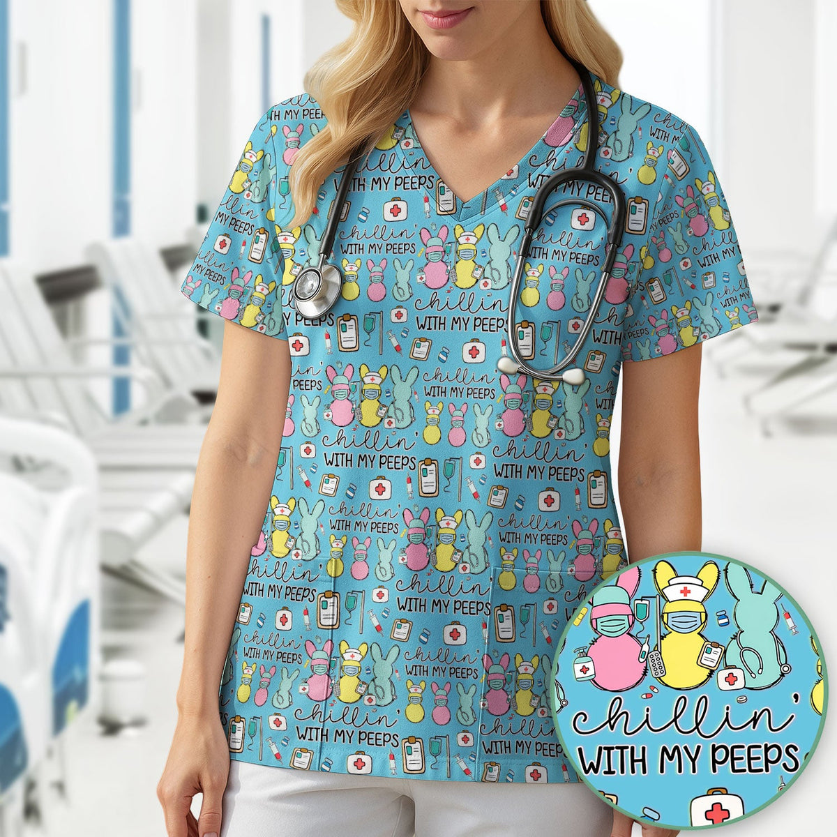 Bunny Nurse Chillin With My Peeps Scrub Top - Easter Gift