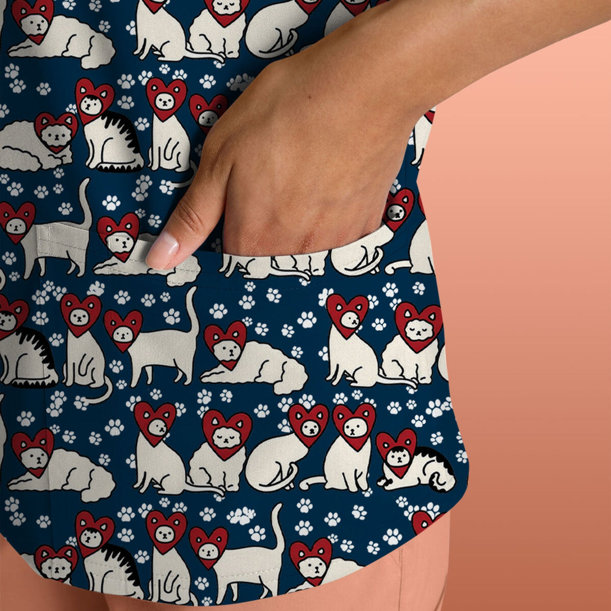 Cute Cat Heart Pattern Scrub Top, Funny Cat Scrub Shirt For Nurses, Breathable Fabrics Nursing Uniform