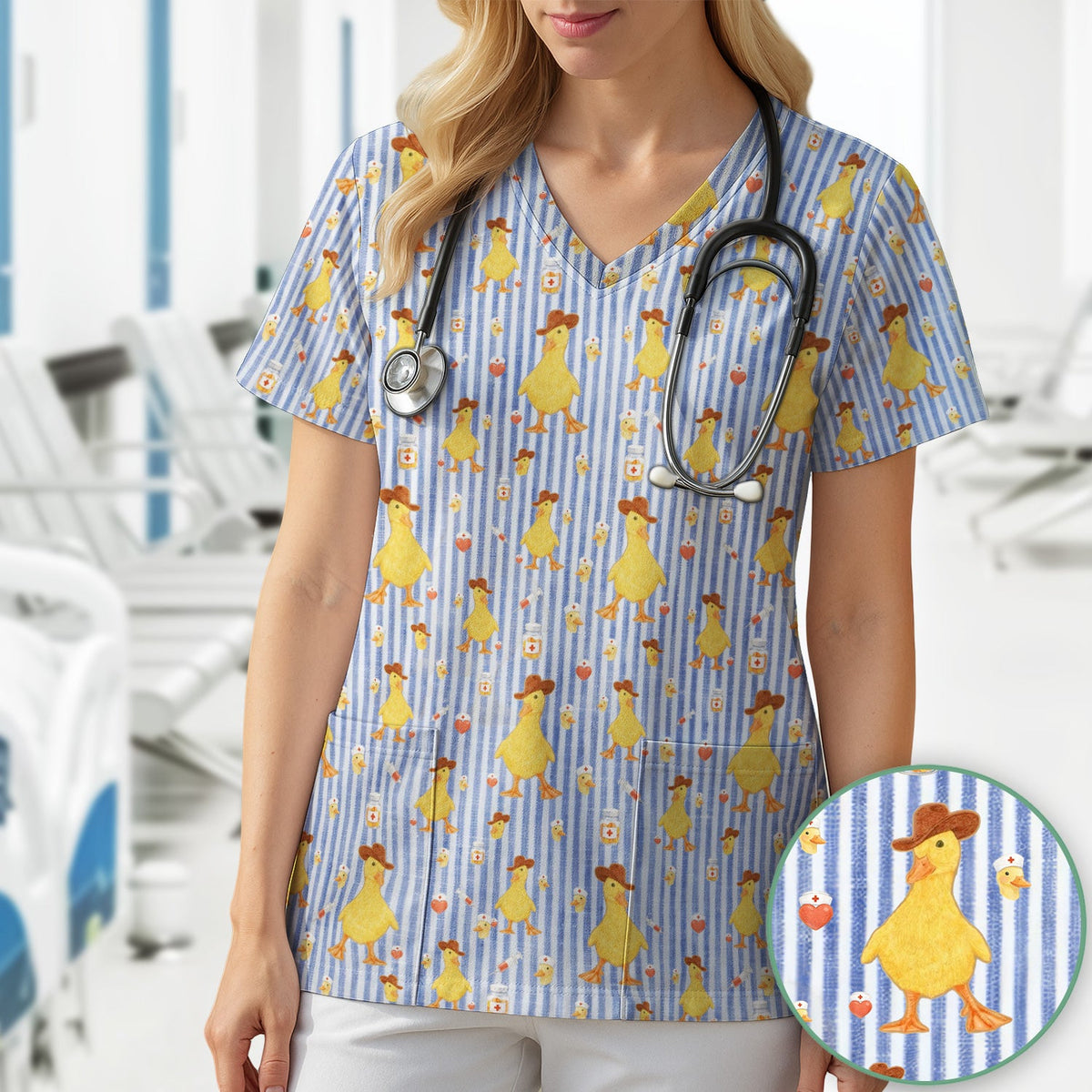 Cowboy Ducktor Vertical Stripe Nurse Scrub Top
