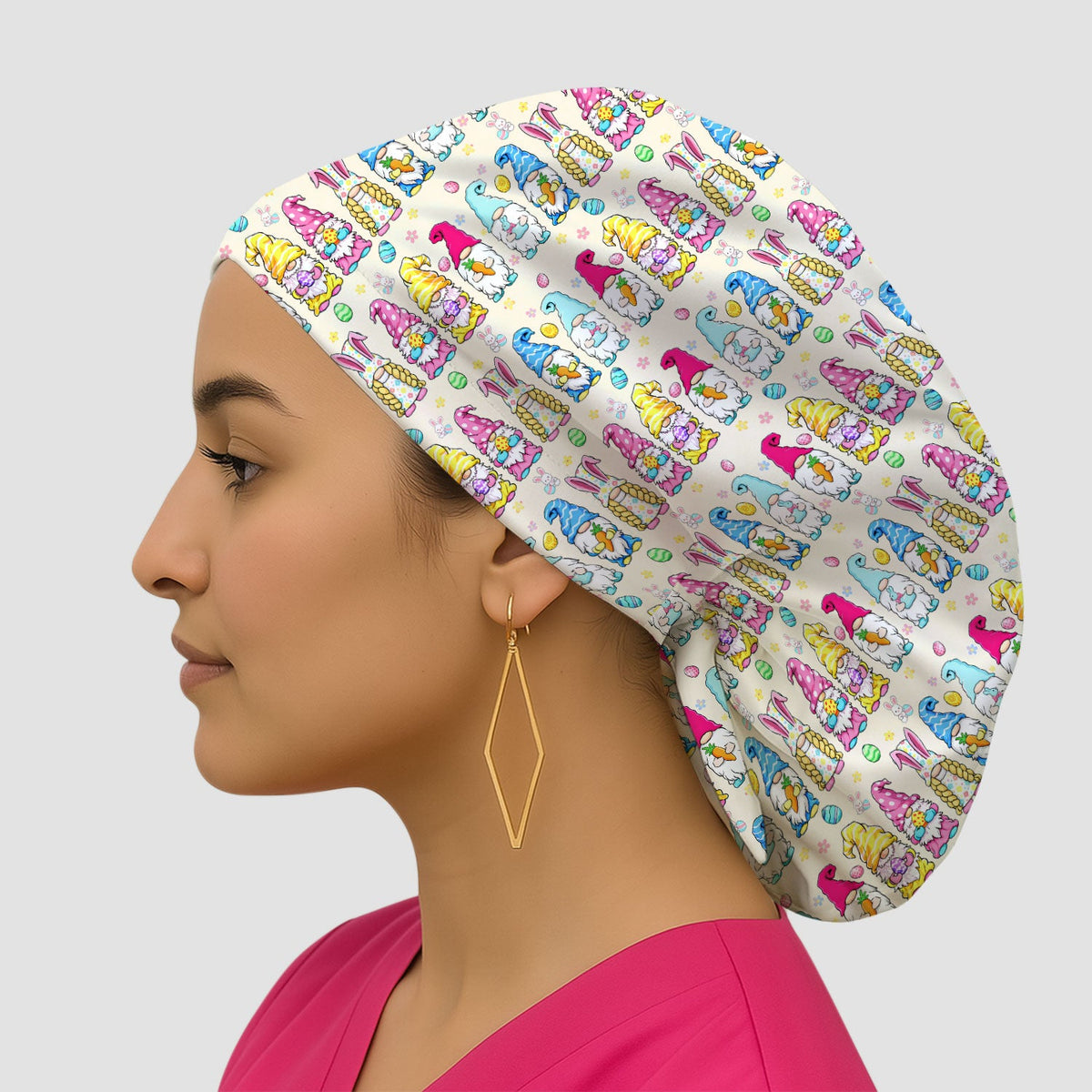 Colorful Easter Gnome Bunny Eggs Scrub Cap