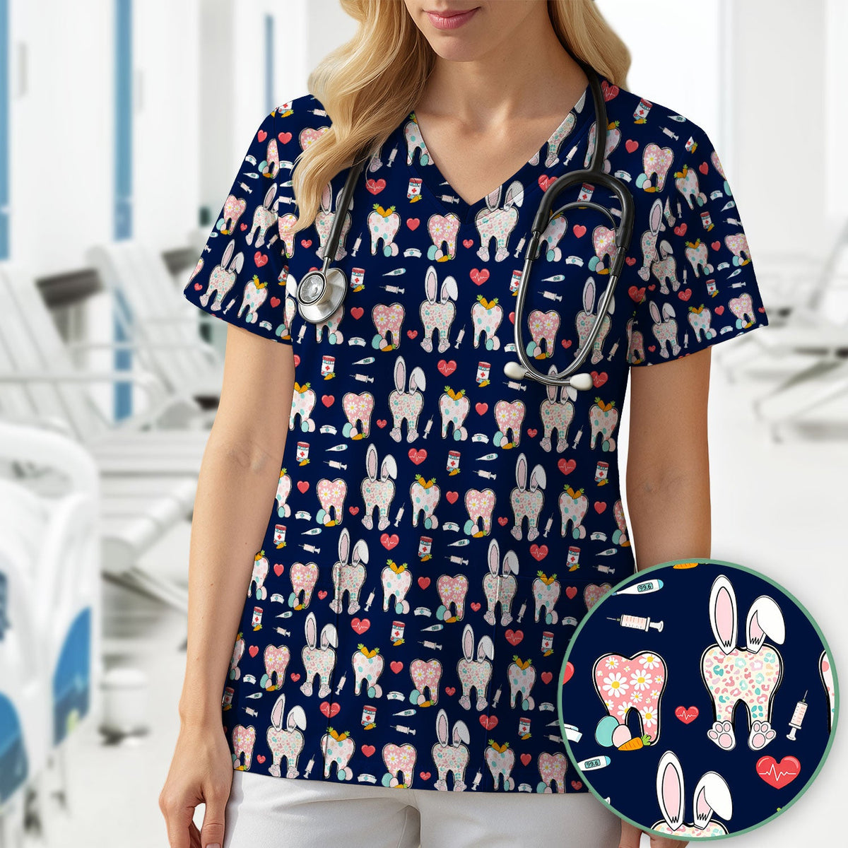 Easter Bunny Dentist Nurse Scrub Top