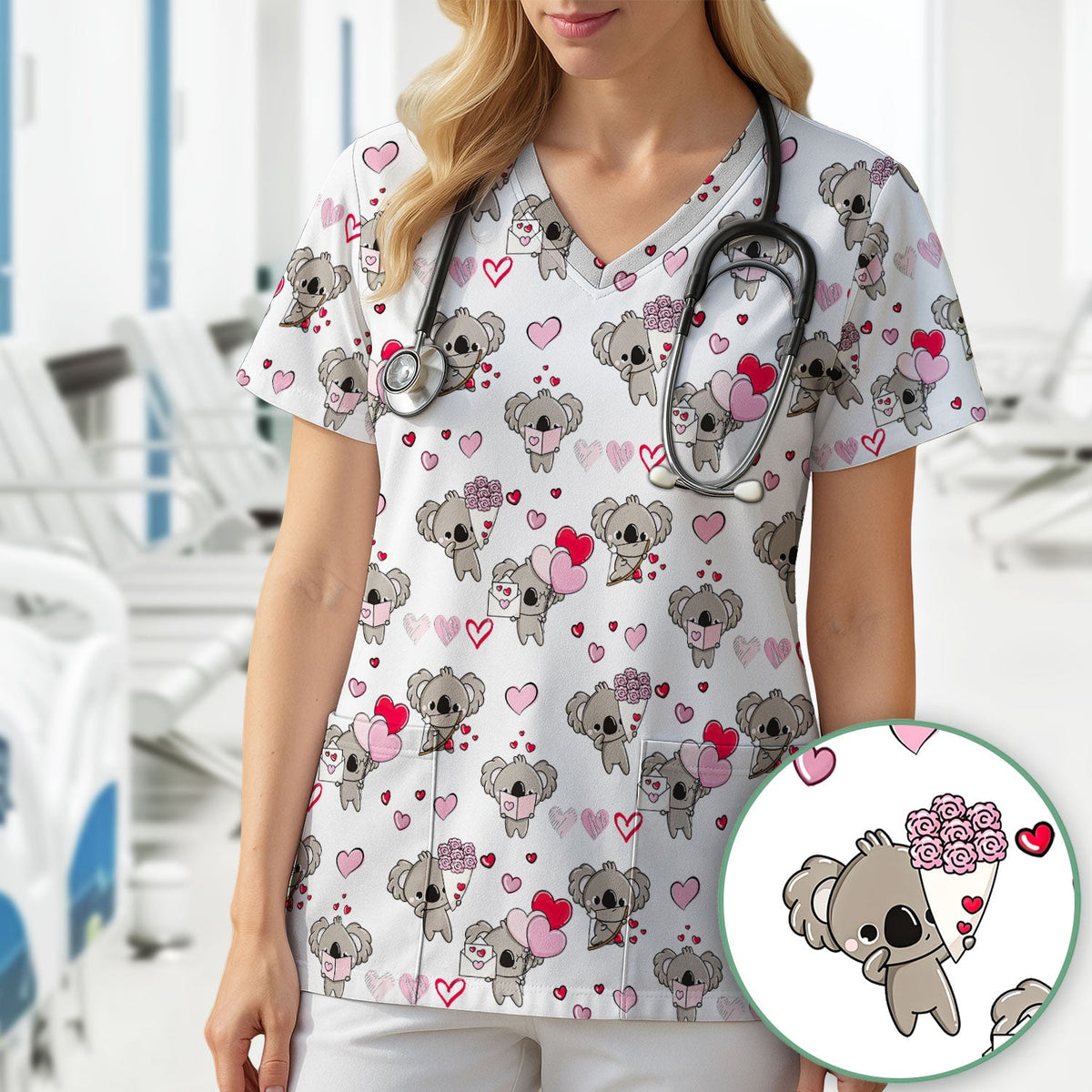 Valentine Koala Holding Flowers Cute Print Scrub Top, Comfortable Scrubs for Nurses