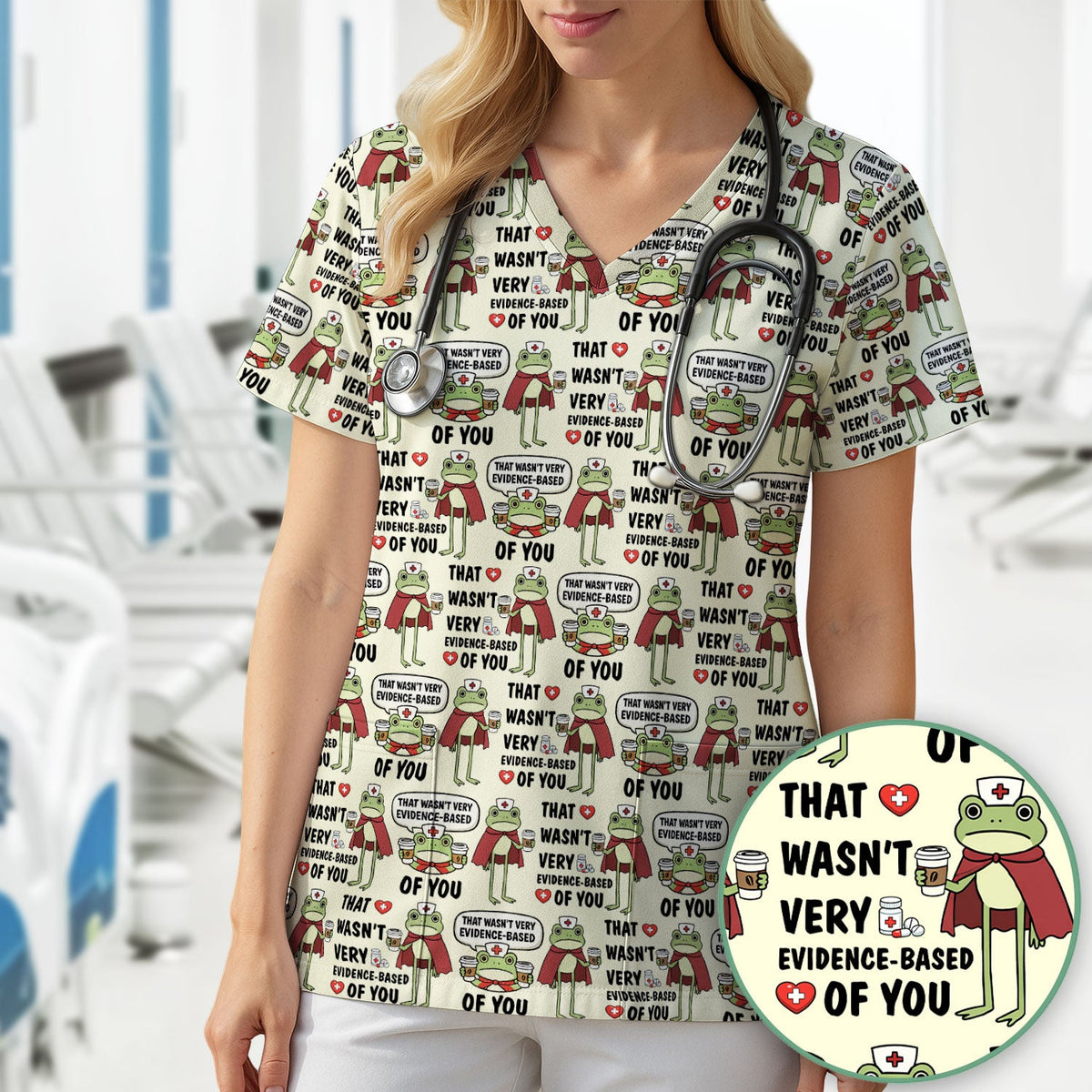 Funny Frog Nurse Quote Medical Pattern Scrub Top, Breathable Fabrics Nursing Uniform