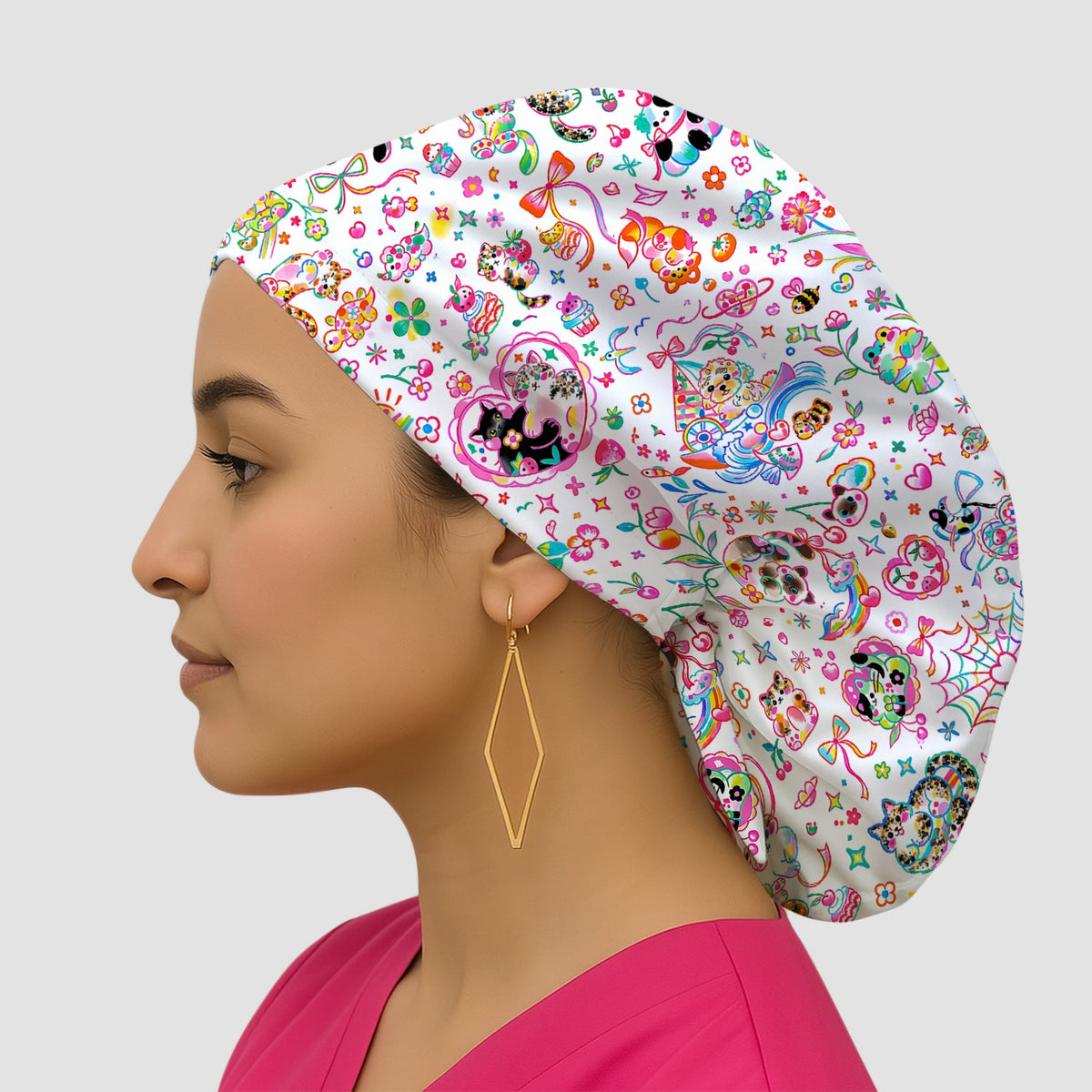 Colorful Kawaii Cat Heart Doodle Scrub Cap
