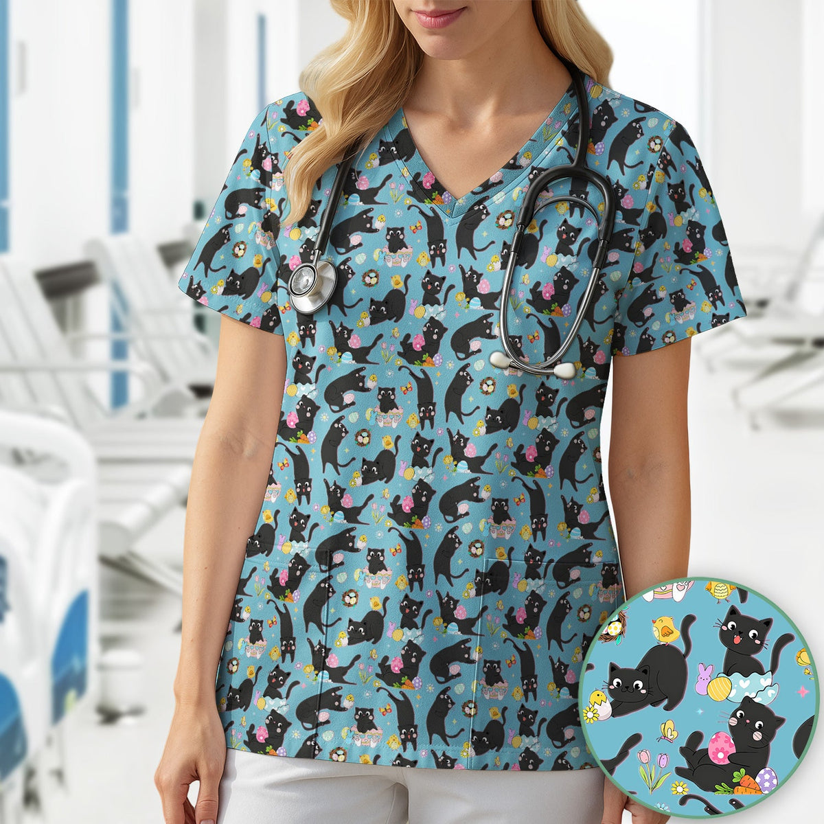 Black Cat Easter Egg Nurse Scrub Top