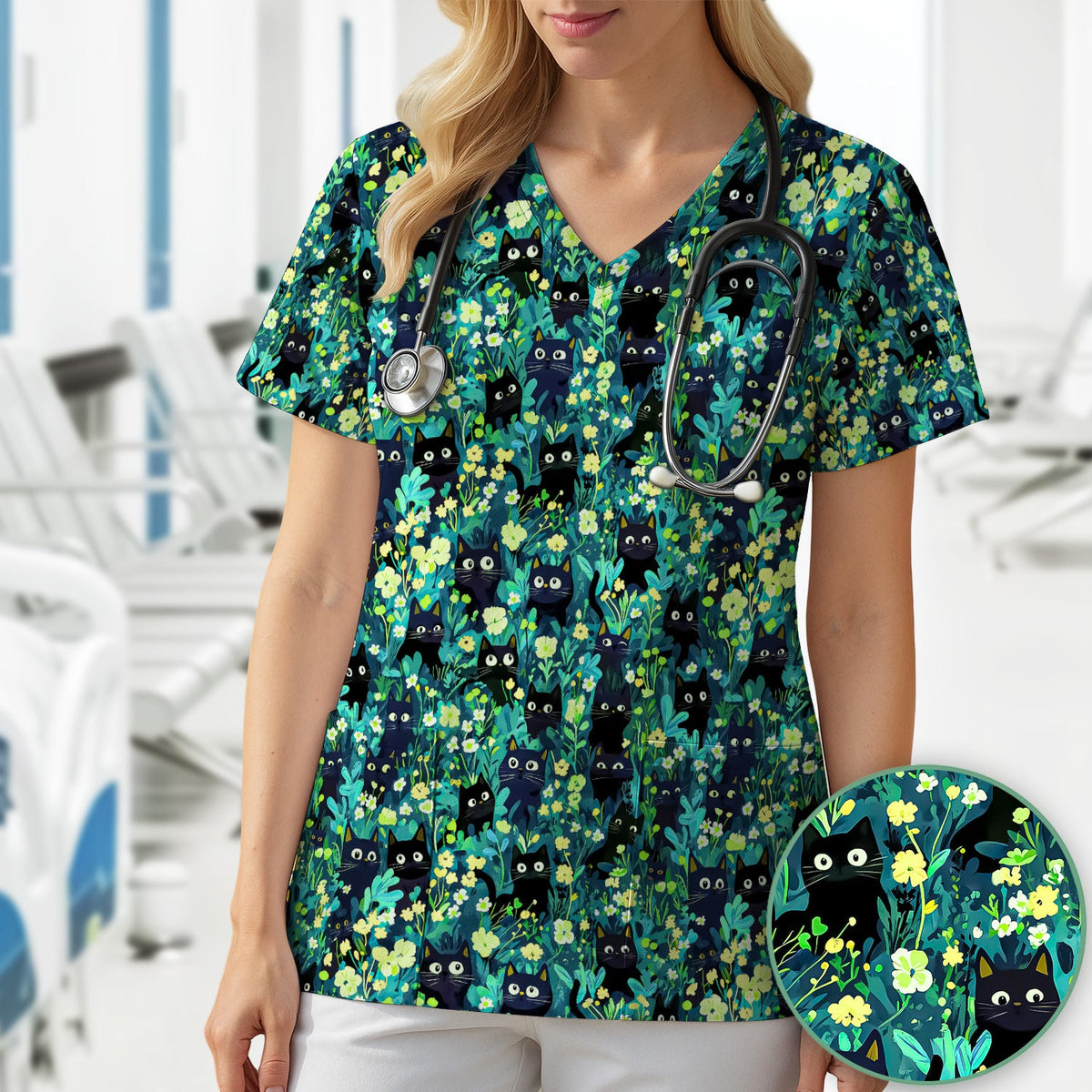 Black Cat Floral Nurse Scrub Top