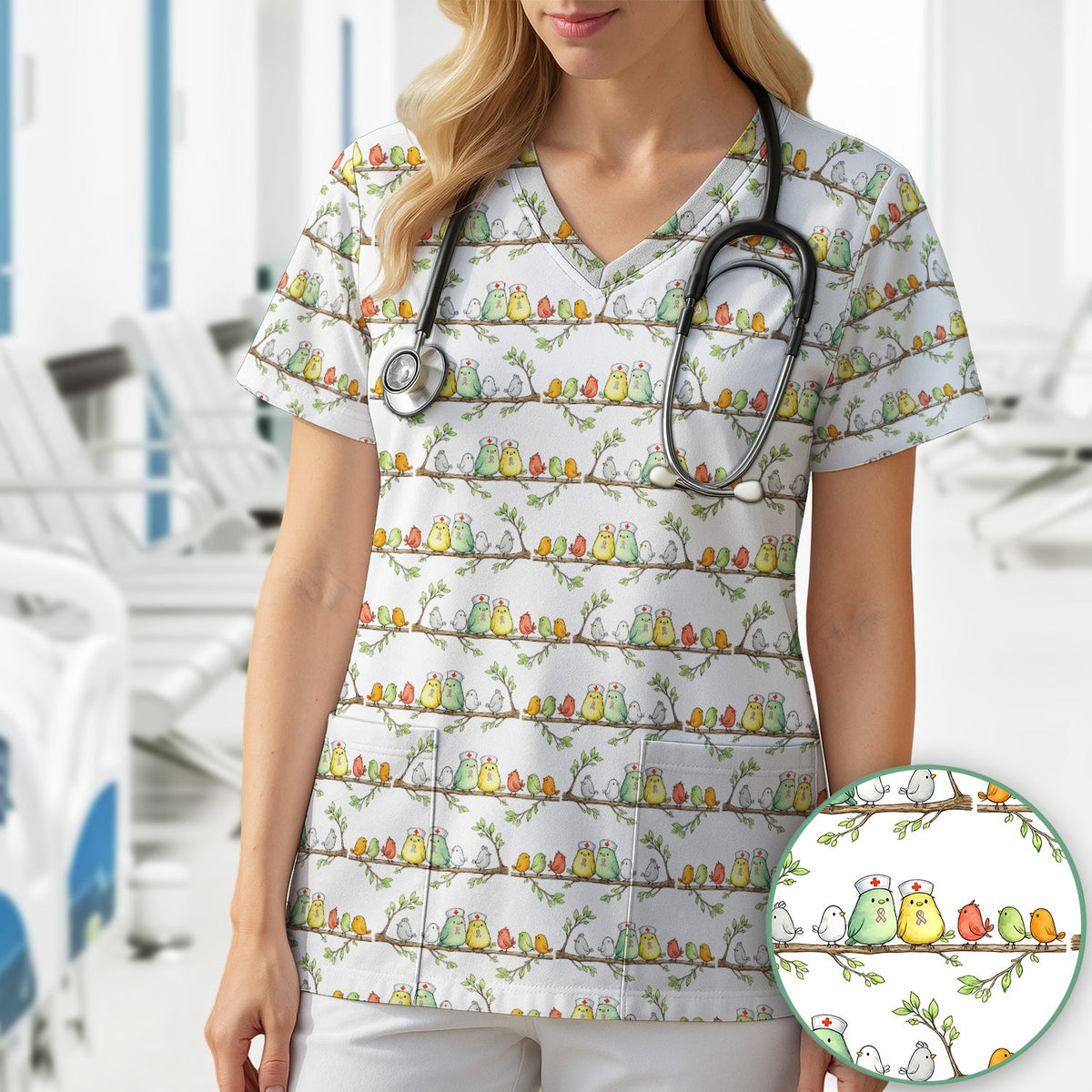Birds On Branches Nurse Scrub Top
