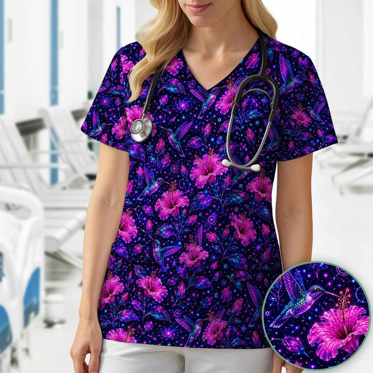 Galaxy Floral Hummingbird Nurse Scrub Top