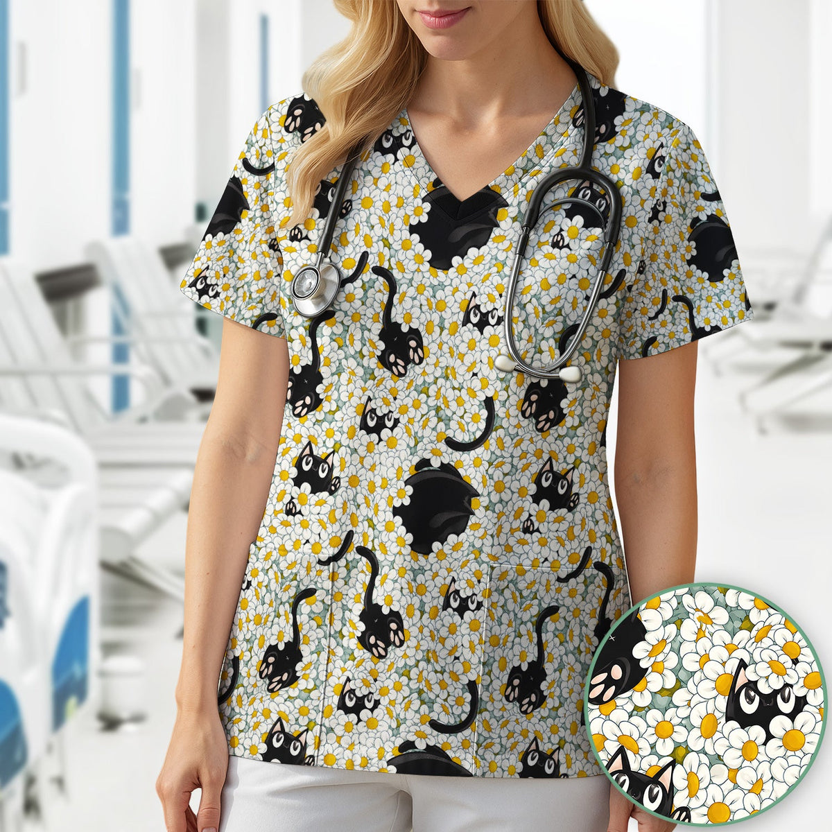 Daisy Black Cat Nurse Scrub Top