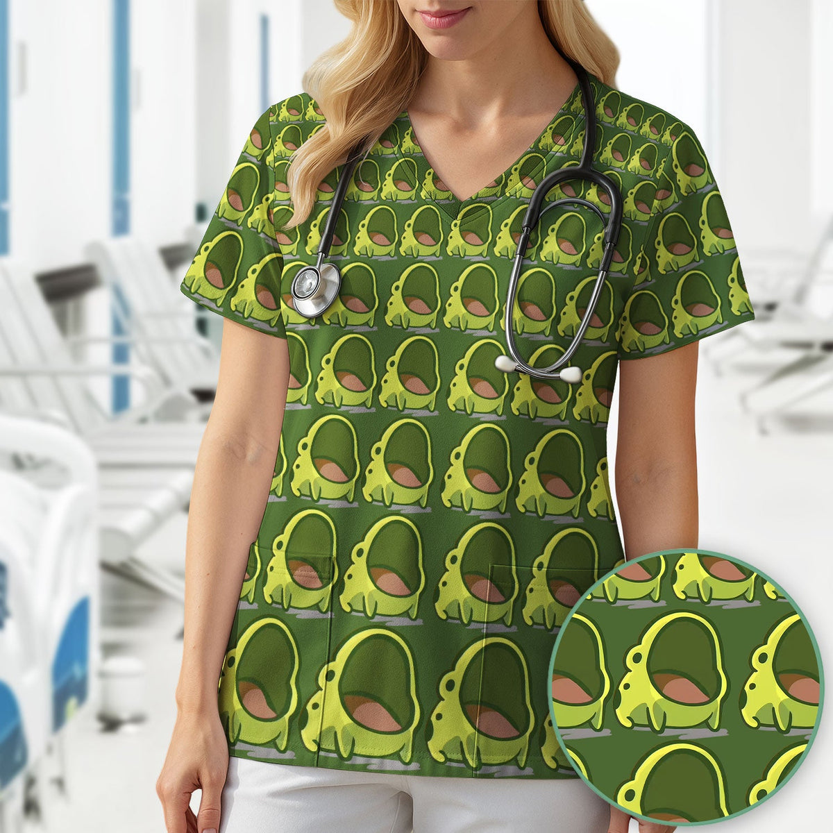 Green Frog Cartoon Nurse Scrub Top