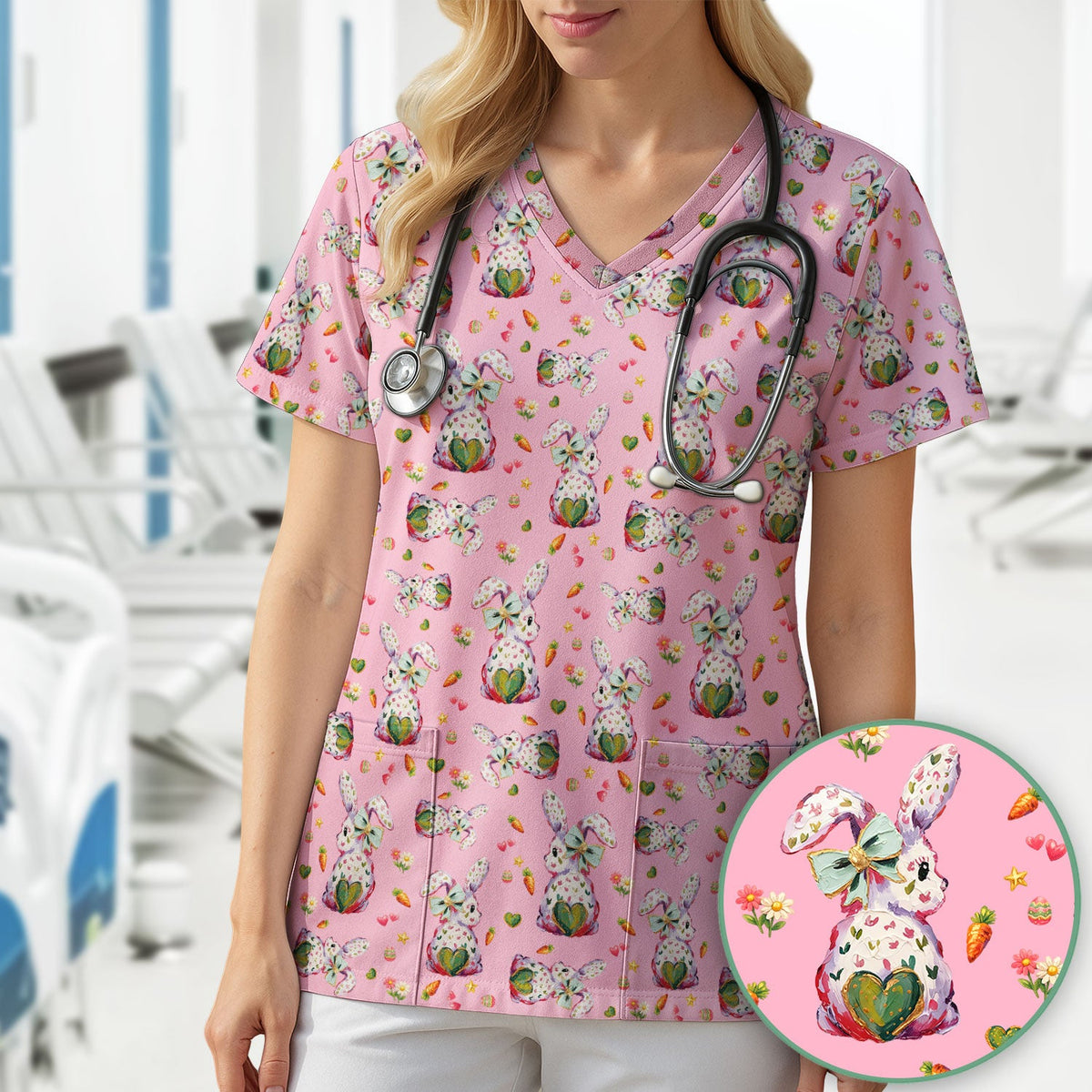 Pastel Bunny Easter Nurse Scrub Top