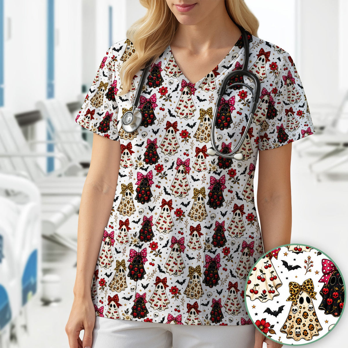 Spooky Ghost Pattern Nurse Scrub Top