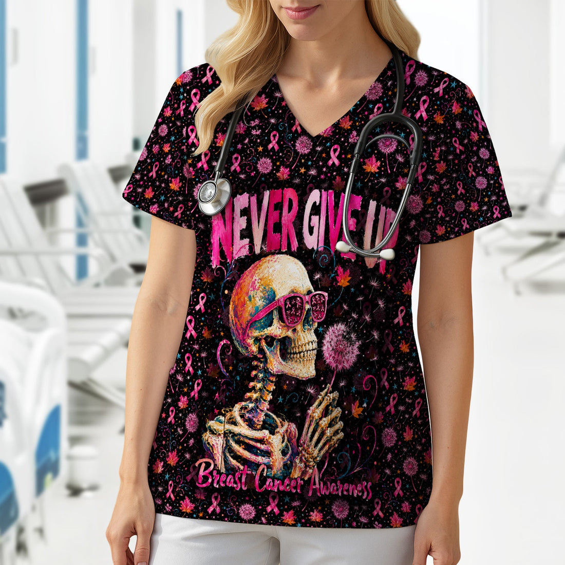 Breast Cancer Awareness Skeleton Nurse Scrub Top