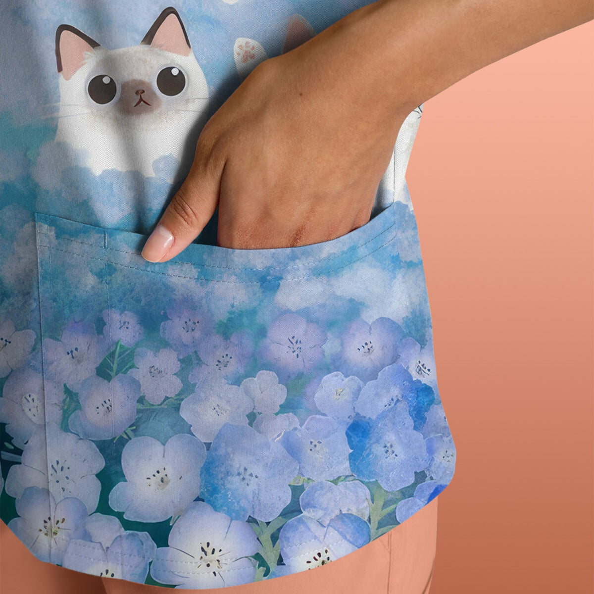 Dreamy Cat Cloud Hydrangea Nurse Scrub Top