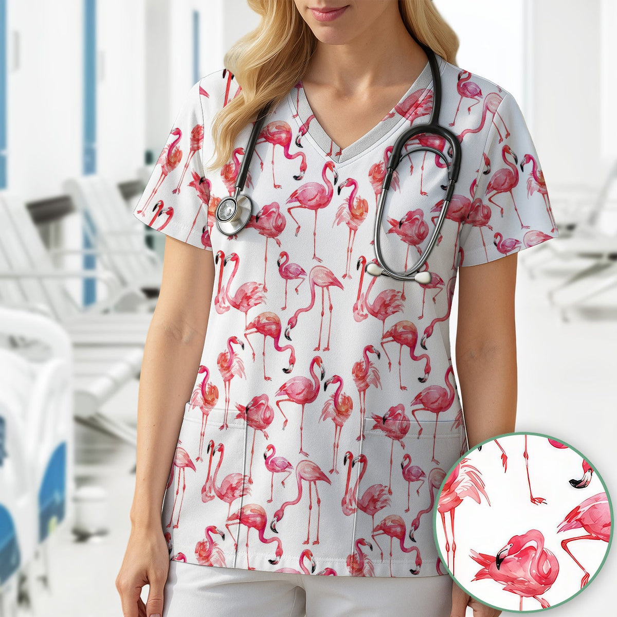 Pink Flamingo Tropical Bird Pattern Nurse Scrub Top, Comfortable Scrubs for Nurses