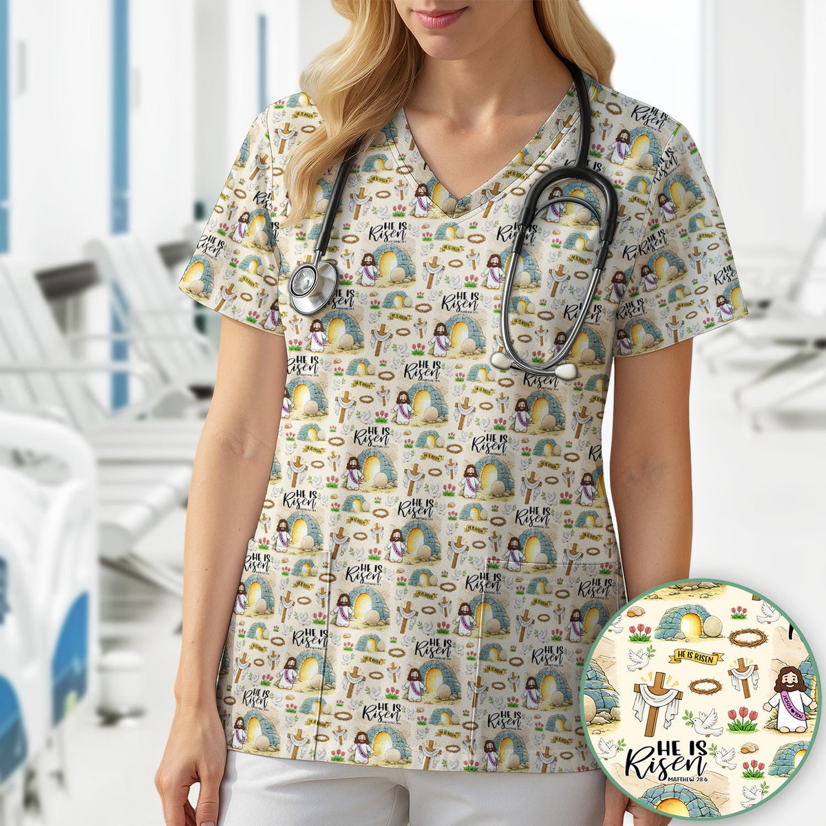 Easter He Is Risen Resurrection Nurse Scrub Top