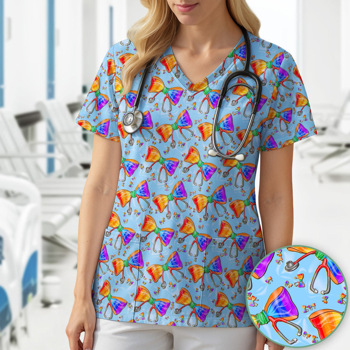 Colorful Rainbow Bow Stethoscope Nurse Scrub Top