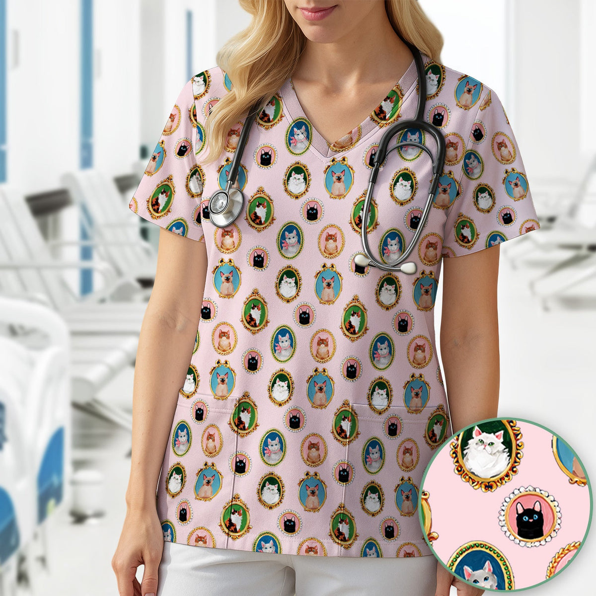 Vintage Cat Portrait Nurse Scrub Top