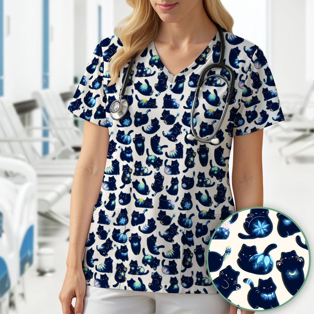 Midnight Black Cat Nurse Scrub Top