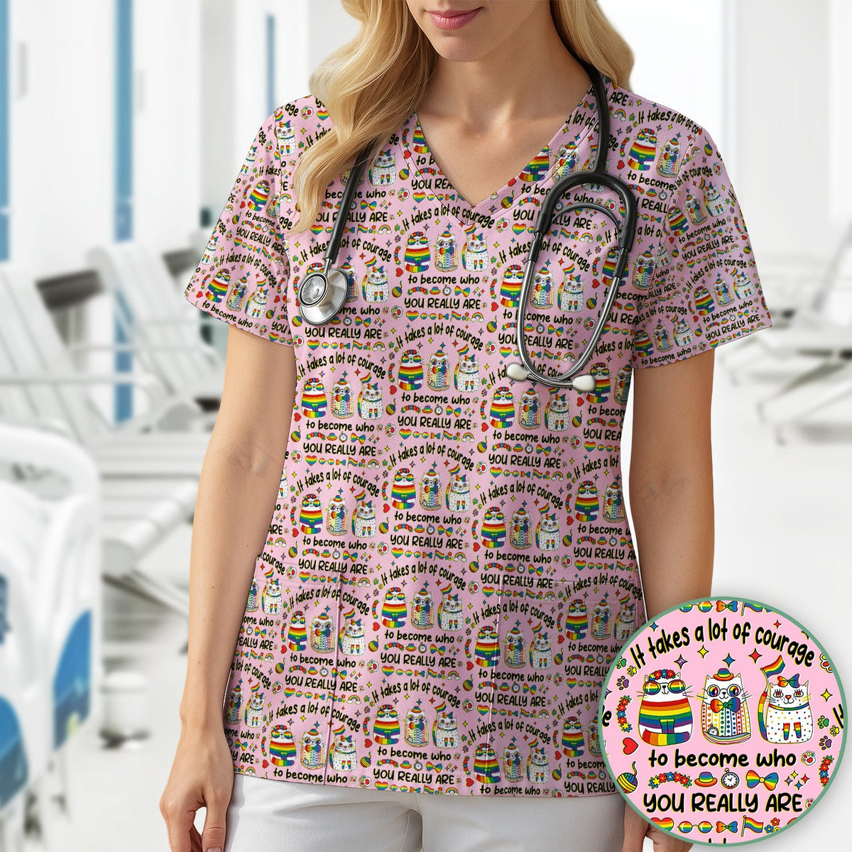 Nurse Rainbow Cat Courage Scrub Top