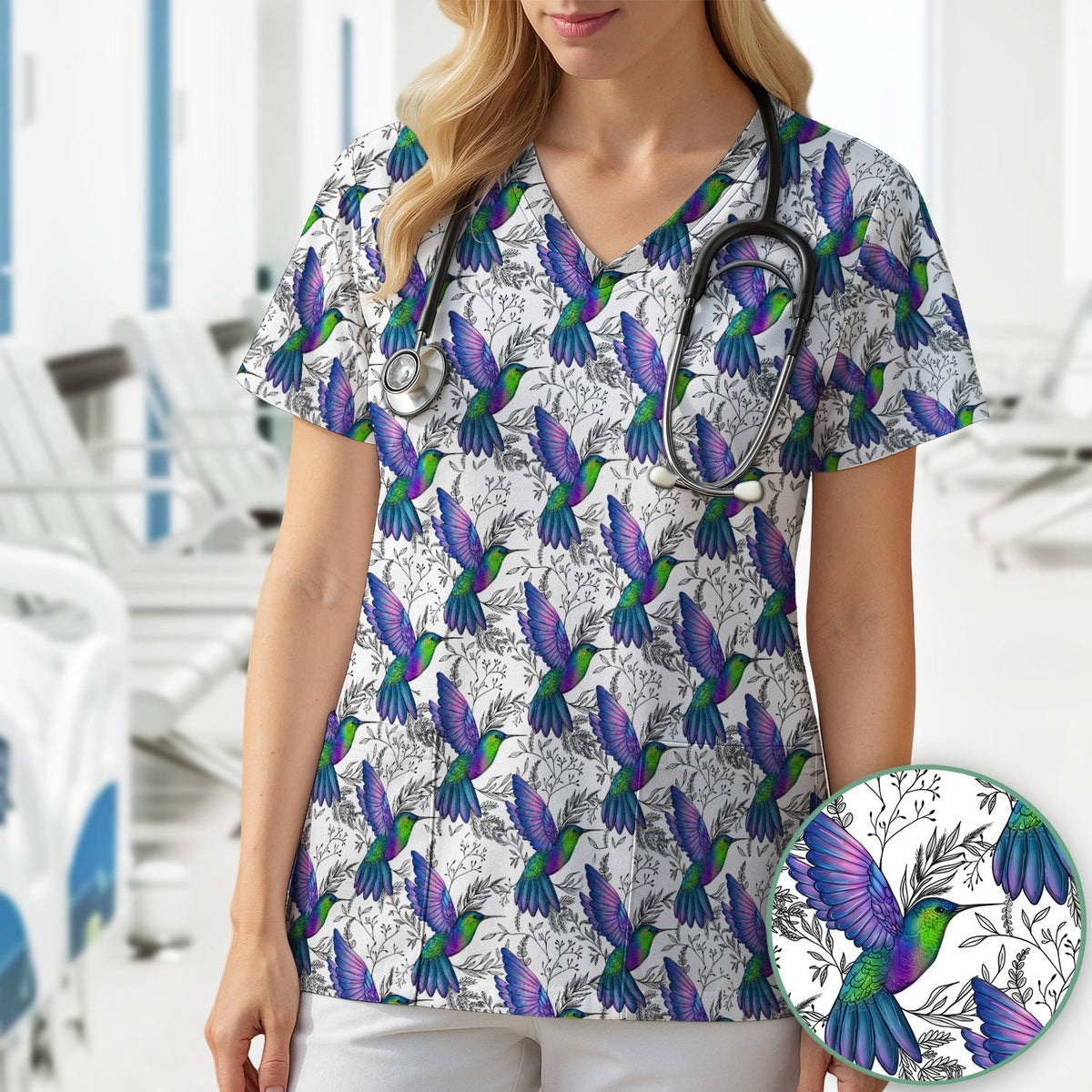 Colorful Hummingbird Botanical Nurse Scrub Top